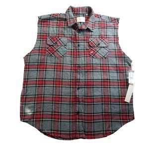 FOG Plaid Cut Off Sleeve Womens Button Down Flannel Red Black Size L